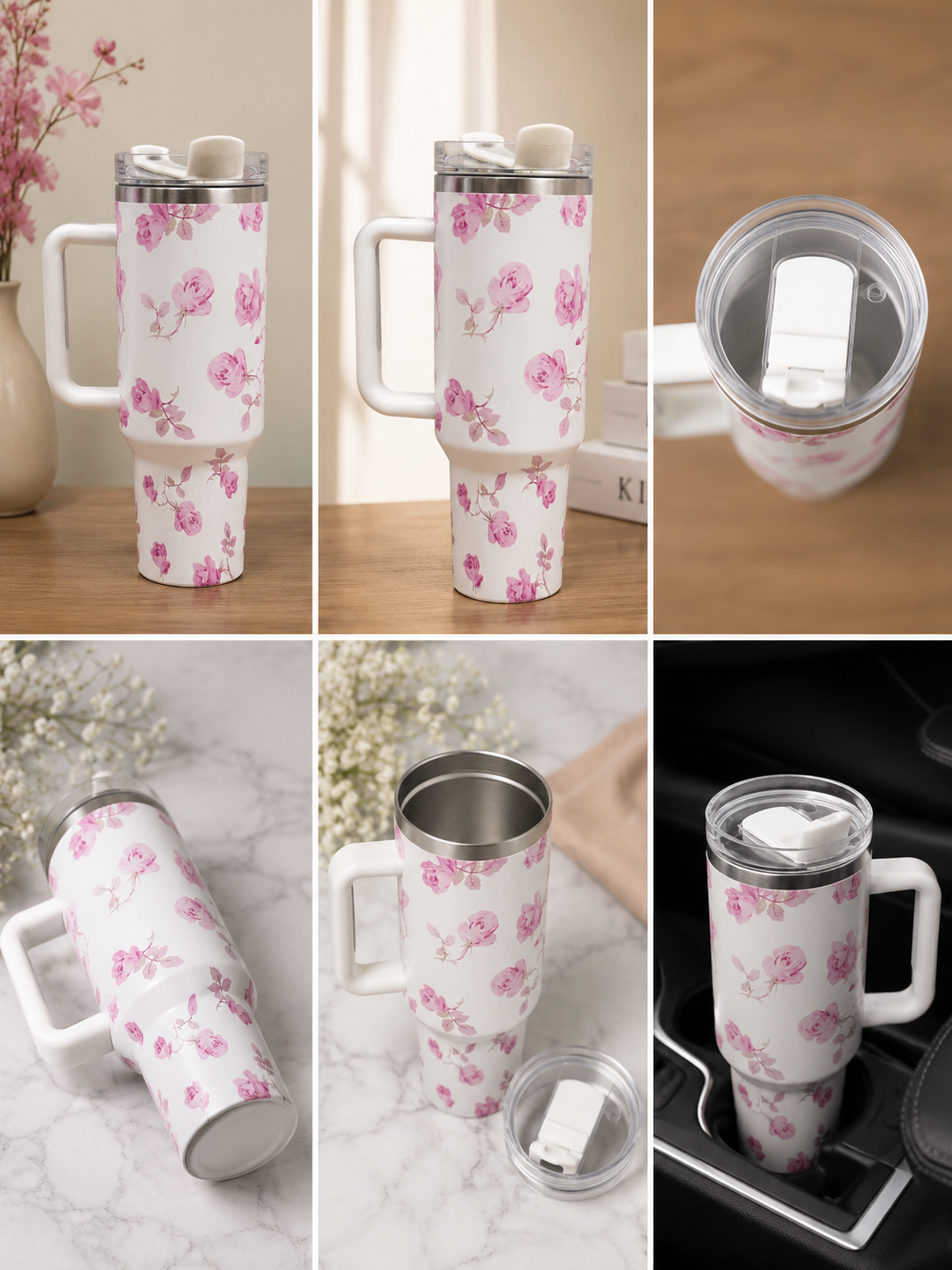 Stainless Steel Floral Insulated Tumbler with Handle